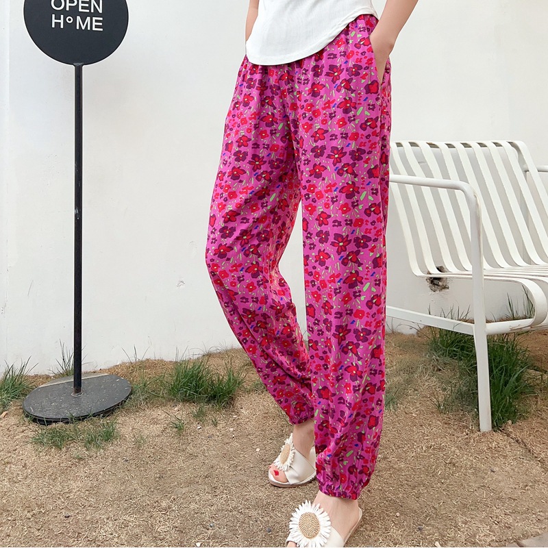 Spring and Summer New Cotton Silk Pants Women's Summer Large Size Artificial Cotton Beach Anti-mosquito Outer Wear Home Pants Women's Buckle Pants