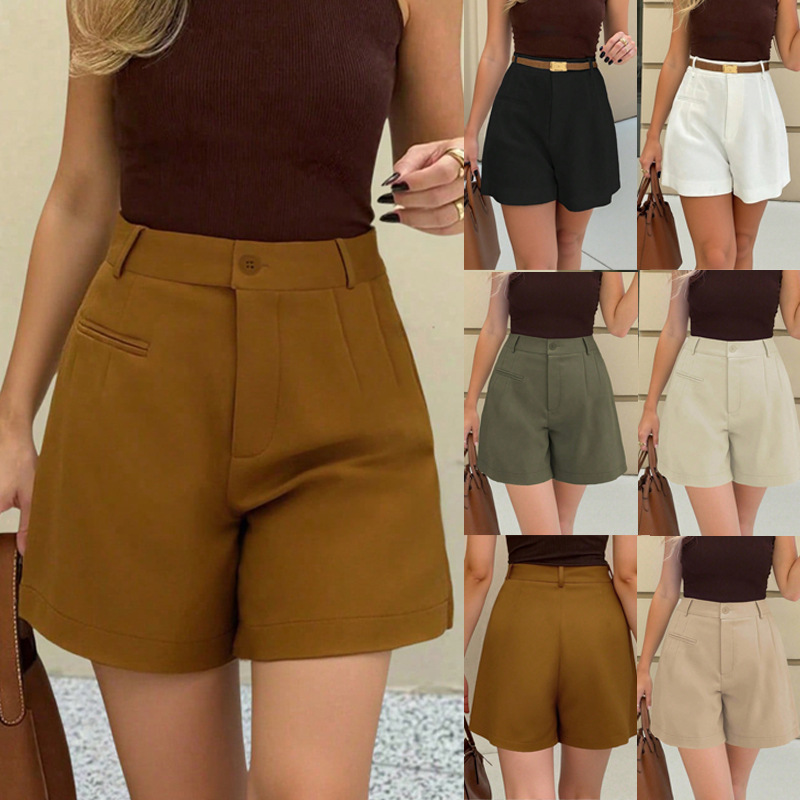 2026 Cross-Border European and American Amazon Fashion Casual High-Waisted Loose Solid Color Straight-Leg Wide-Leg A-Line Women's Shorts