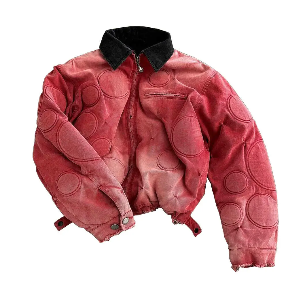 Trendmaybe" American retro " Heavy weight Washed Canvas Loose Embroidered Couple jacket Cowhide Lapel Outwear