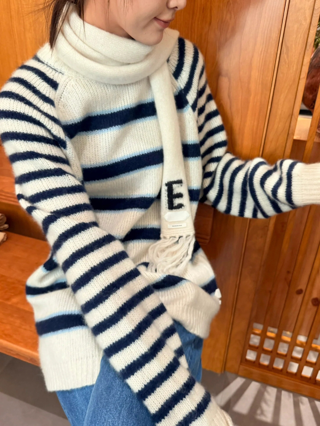 [Clearout No Returns or Exchanges] Selected 25.3% Wool 25 Early Spring Loose Casual Striped Raglan Pullover Sweater for Women