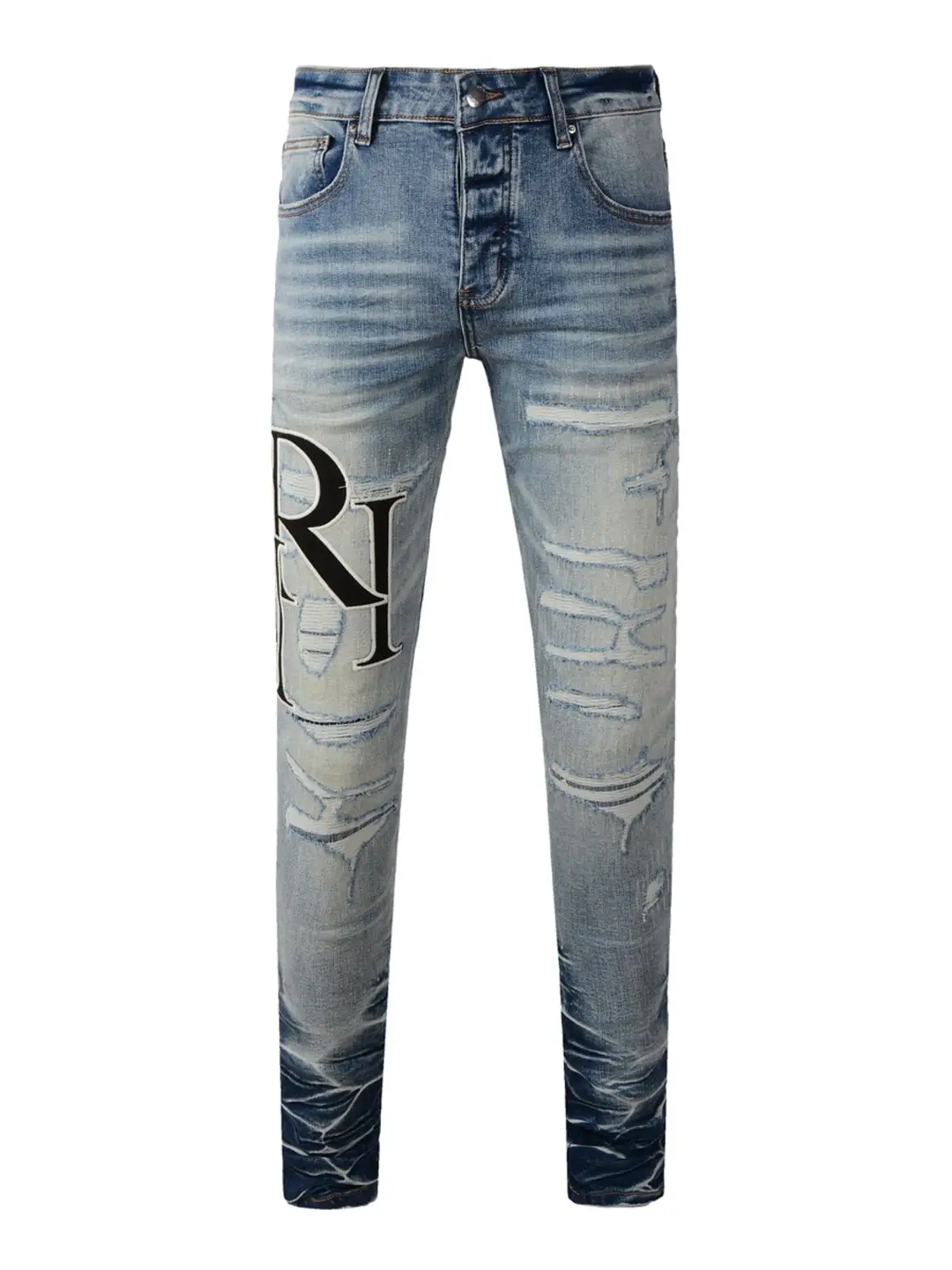 American high street tide AMR new light-colored knife cut hole jeans LOGO leather patch Slim small leg pants