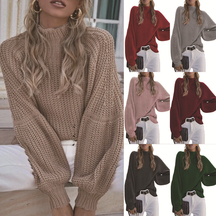 2026 European and American Autumn and Winter New Loose Half-High Collar Knitwear Cross-Border Amazon Women's Solid Color Turtleneck Sweater for Women