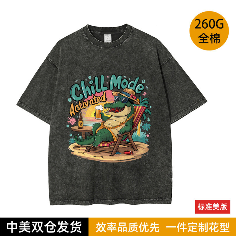 Distressed Washed Cotton 260g Export Beach Lazy Crocodile Print Short-Sleeved Washed Distressed Chill Mode Wide