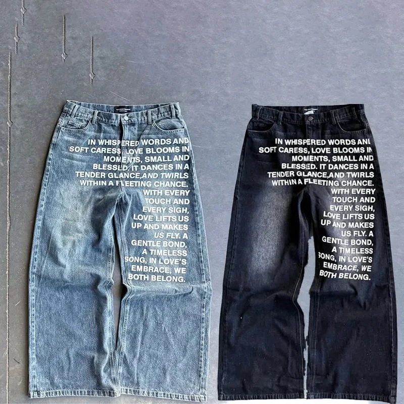 European and American Cross-Border American Retro Street Hip-Hop Wide-Leg Pants Washed Letter Print Jeans Men's Loose Long Pants Trendy