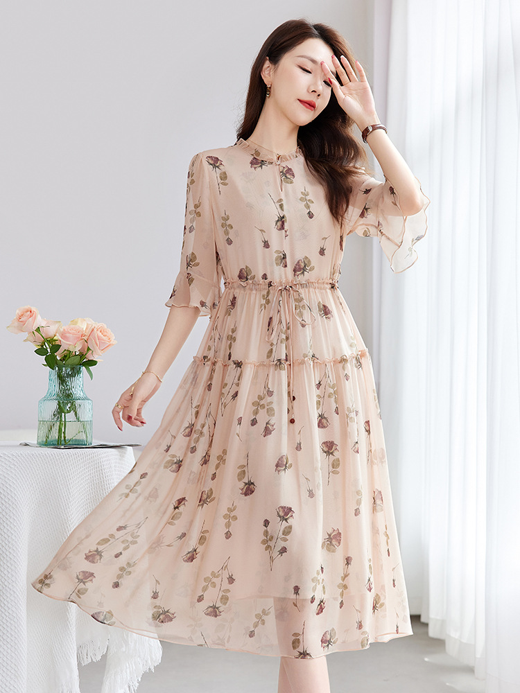 Silk Mulberry Silk Printed Long Skirt 2026 Summer Women's Noble and Elegant Mid-Sleeve Fashionable Waist-Cinching Over-The-Knee A-Line Skirt