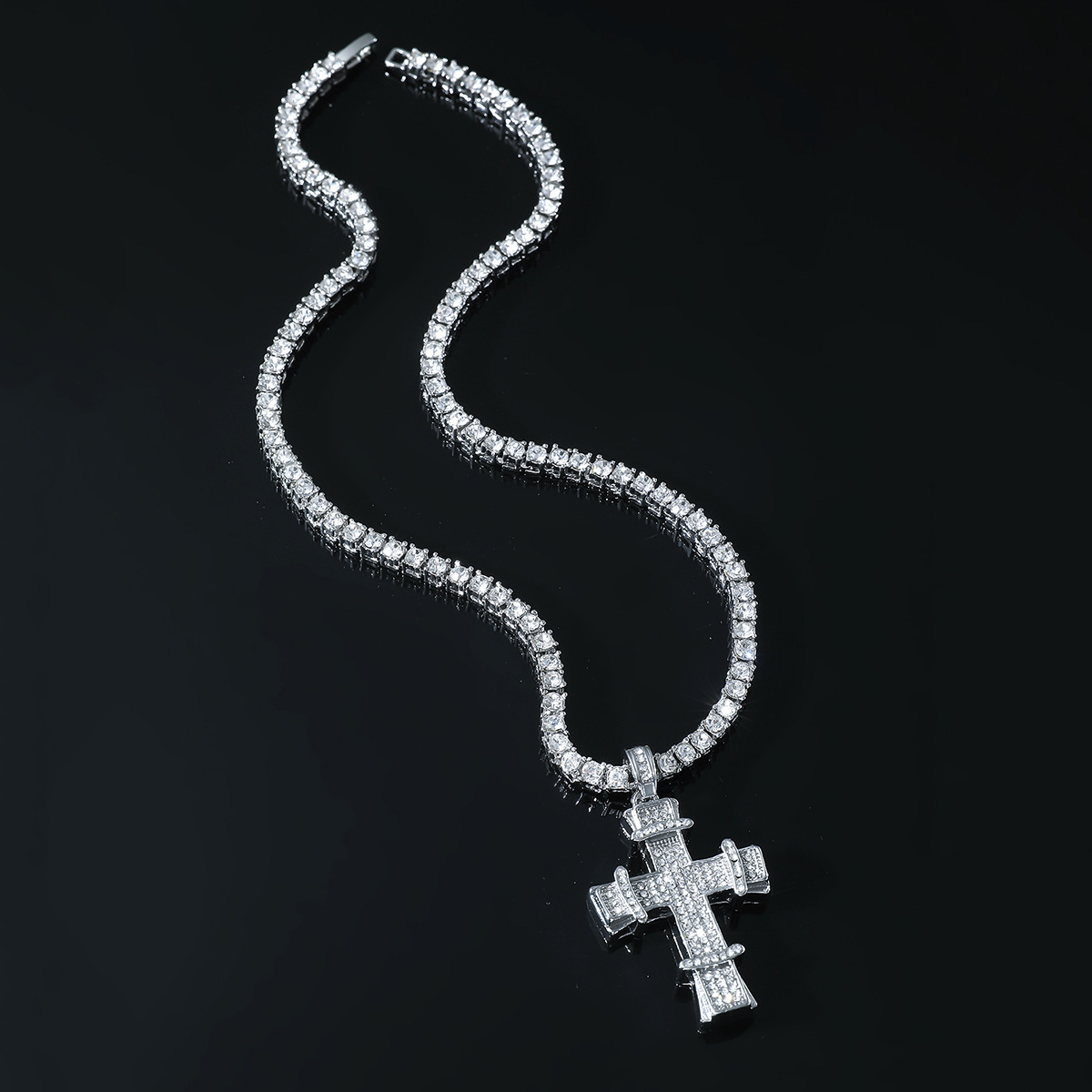 European and American Hip-Hop Personality Diamond-encrusted Cross Pendant Necklace Men's Cool Didi Tennis Chain Cross-border Jewelry
