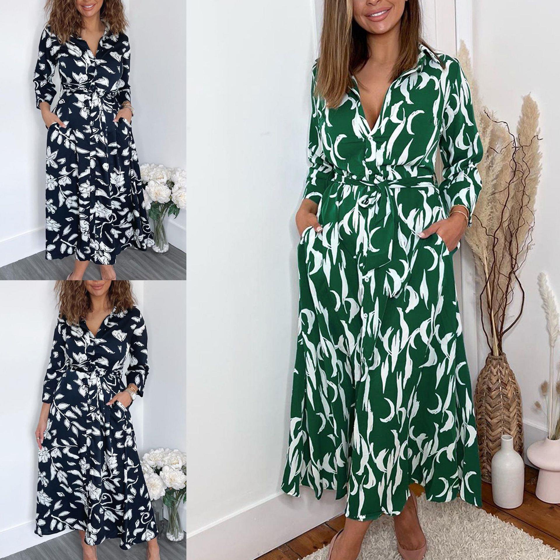 2026 Amazon Ebay Aliexpress Cross-Border Women's Summer Printed Long-Sleeve Shirt Dress with Collar