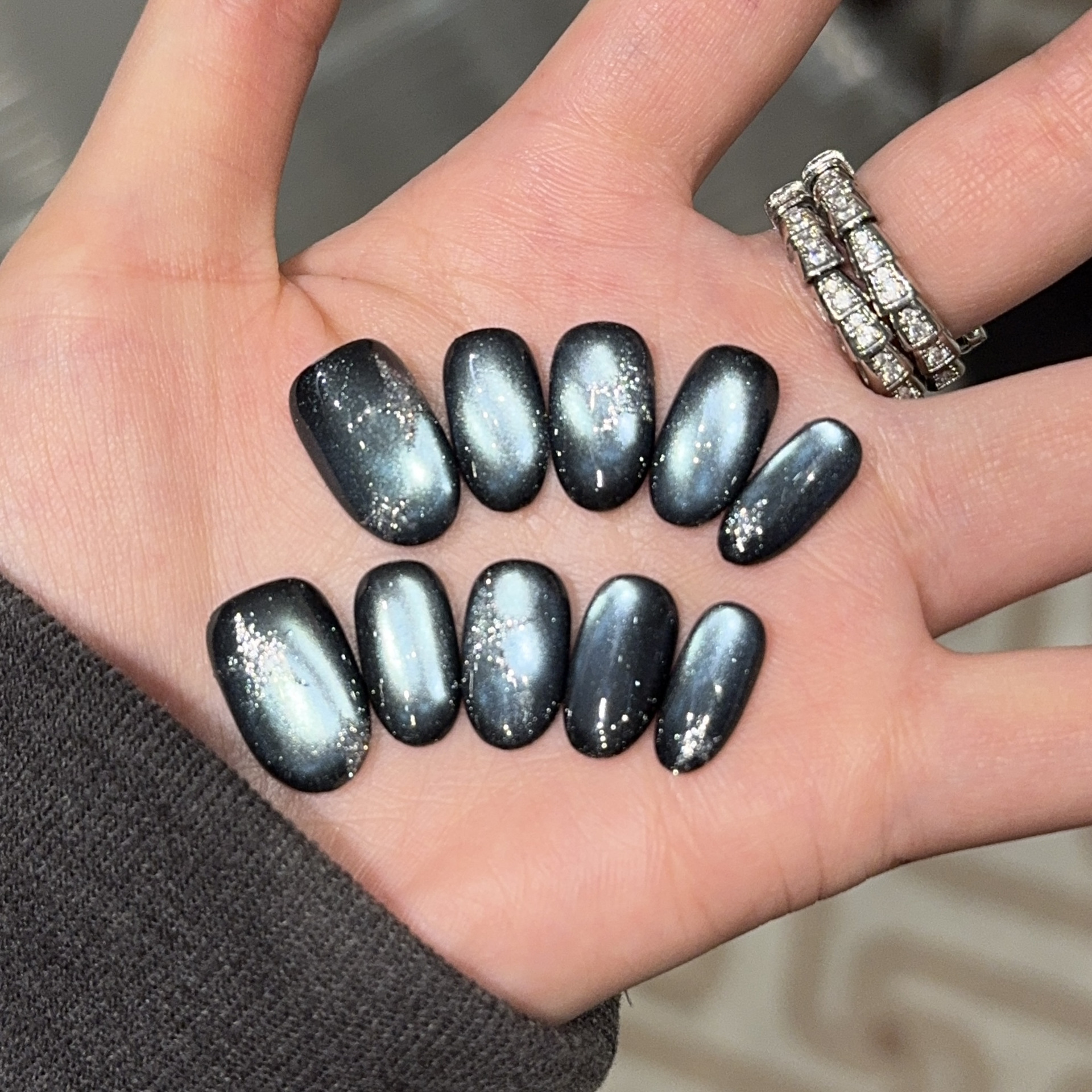 [Dark Night Silver Star] Christmas Snowflake Cat Eye Handmade Wearable Nails Wholesale Long Manicure Patch Fake Nails
