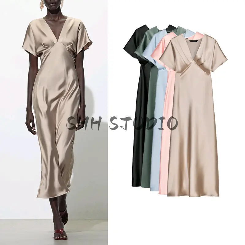 Summer New Women's Clothing French V Neck Elegant Long Silk Satin Midi Dress 2330399