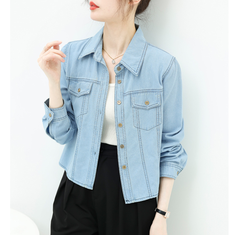 Personalized Retro Thin Design Niche Denim Shirt Women's Autumn 1688 New Small Long-Sleeved Short Top