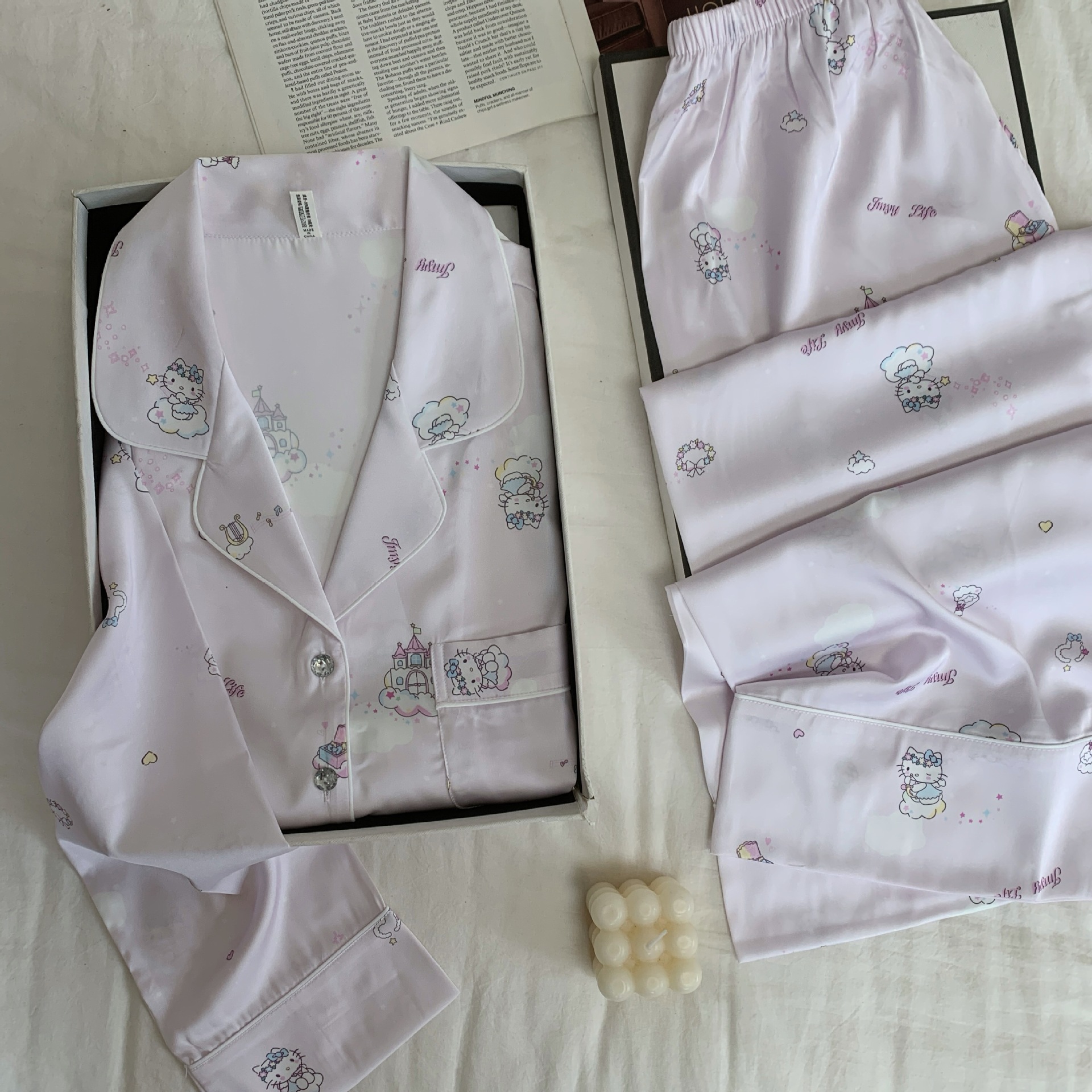 [Cloud Castle] Spring New Cartoon Kitten Purple Castle Ice Silk Home Wear for Women, Long-Sleeved and Long-Pants Thin Set