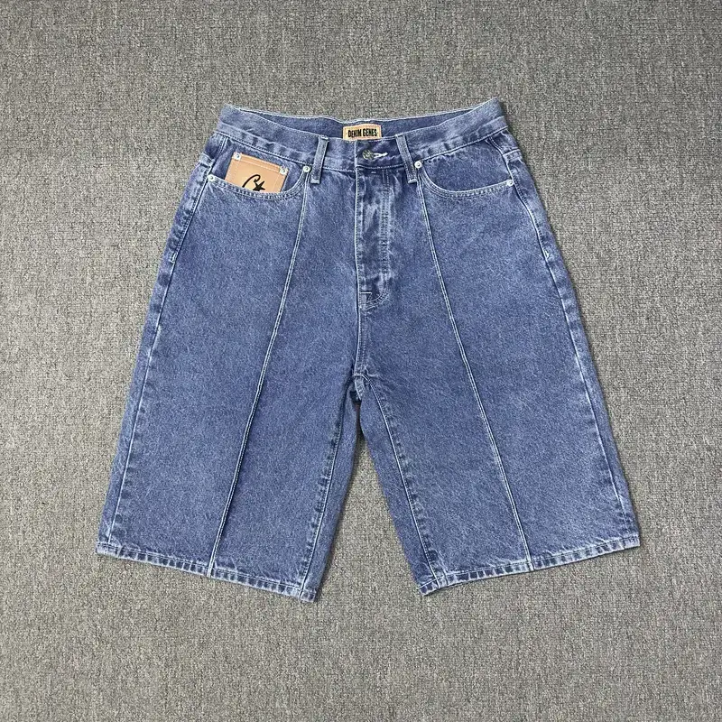 Fashion Trendy Embroider Five-Pointed Star Denim shorts Men Summer High Street Loose Casual Trendy Five-Point Pants