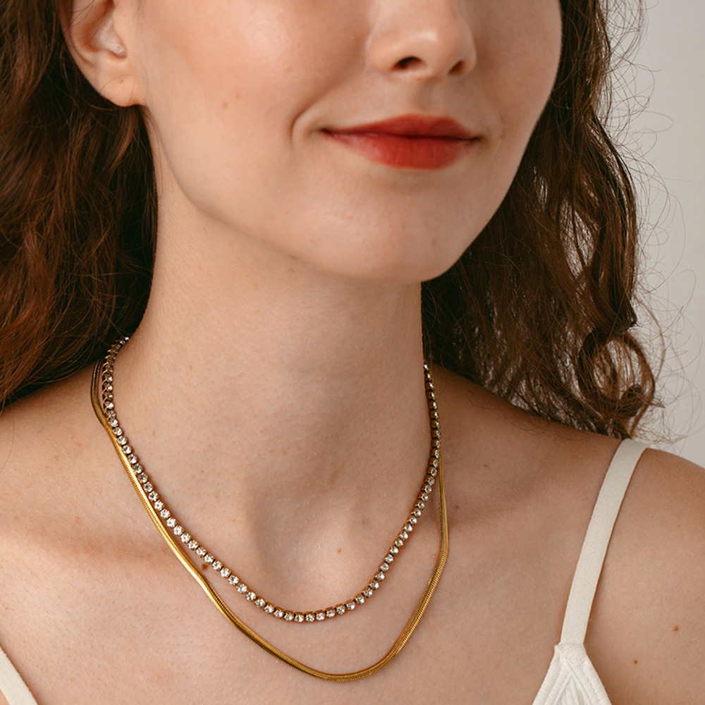 European and American Cross-Border White Diamond Tennis Chain Snake Chain Double-Layer Stainless Steel Necklace Plated with 18K Gold Light Luxury High-End Jewelry for Women