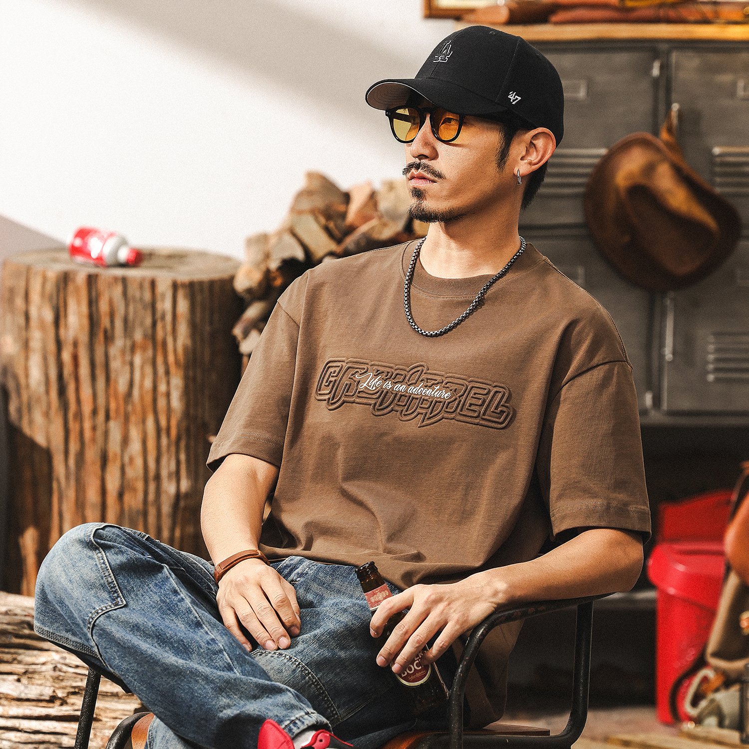 Cooling Technology Heavyweight American Short-Sleeve Men's Summer Pure Cotton T-Shirt Trendy Brand Three-Dimensional Embossed Loose Men's Top