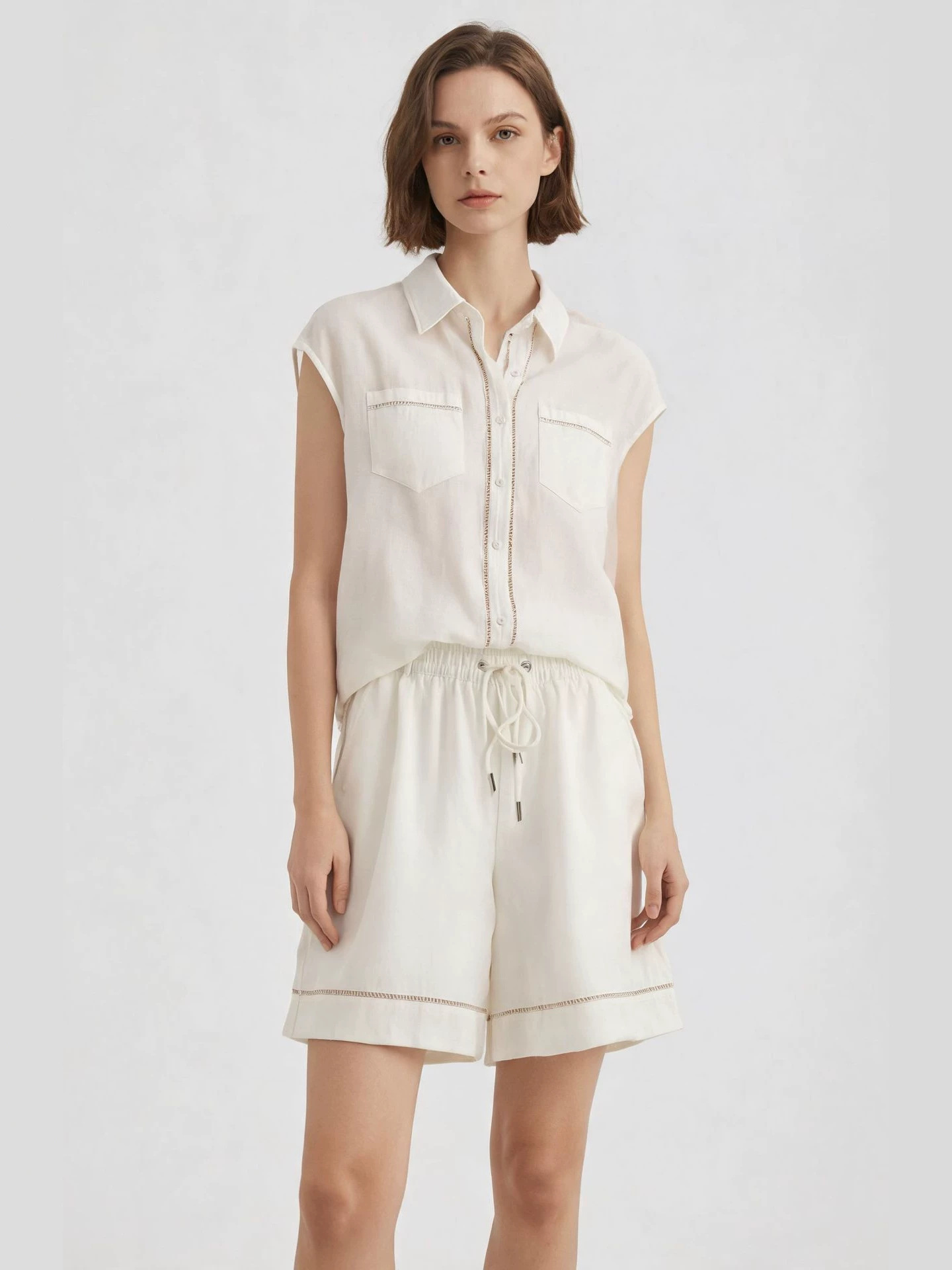 Bc Same Style Old Money Style Tencel Linen Suit for Women Summer Lapel Sleeveless Hollow-Out Shirt Top + Shorts Two-Piece Set
