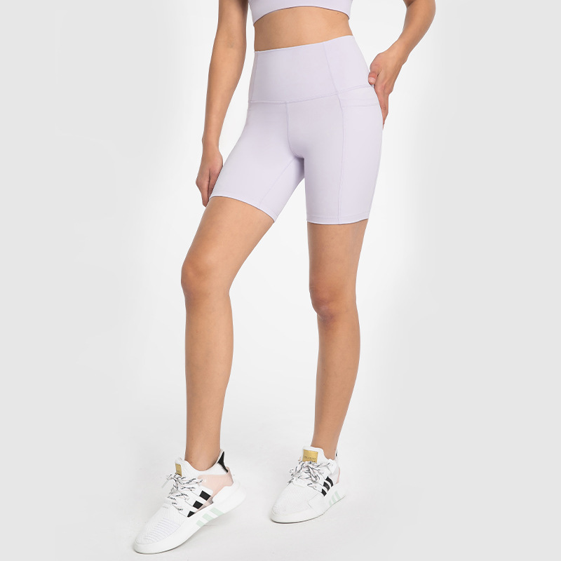 A generation of spring and summer new sports shorts women's high waist elastic belly side bag running fitness yoga quarterpants