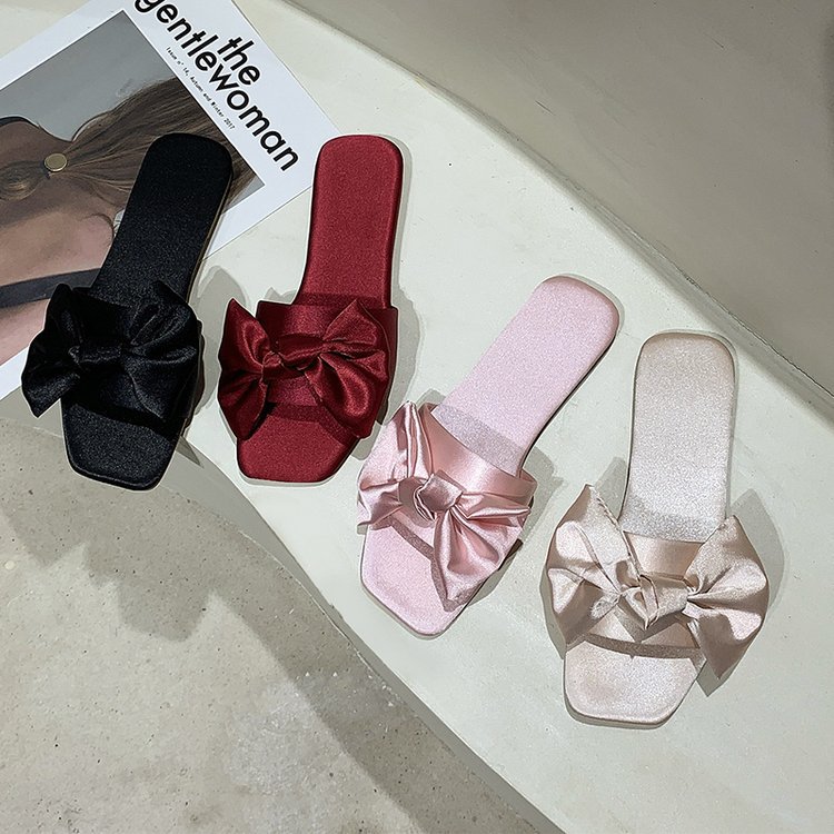Large size cross-border new satin cloth bow flat slippers women's fashionable square toe square heel slip-on loafers