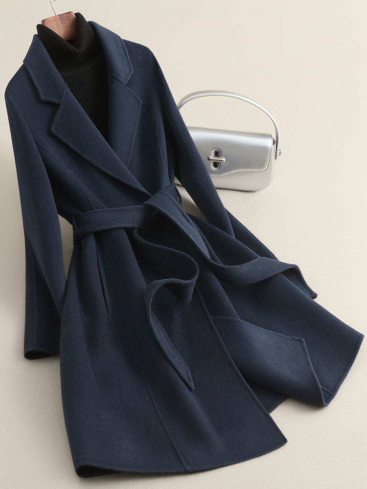 2025 Autumn High-End Double-Sided Wool Coat Women's Autumn Long Hepburn Style Lace-Up High-End Woolen Jacket