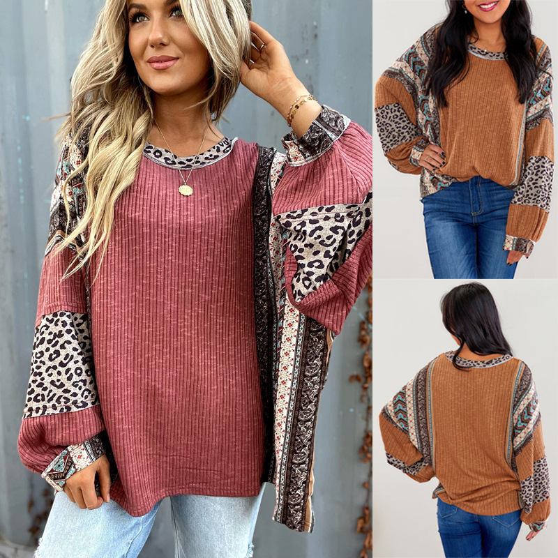 2024 Autumn and Winter Amazon Cross-Border European and American Women's Casual Shirt Contrast Color Leopard Print Round Neck Covered Sleeves Loose Sweatshirt Women's Top