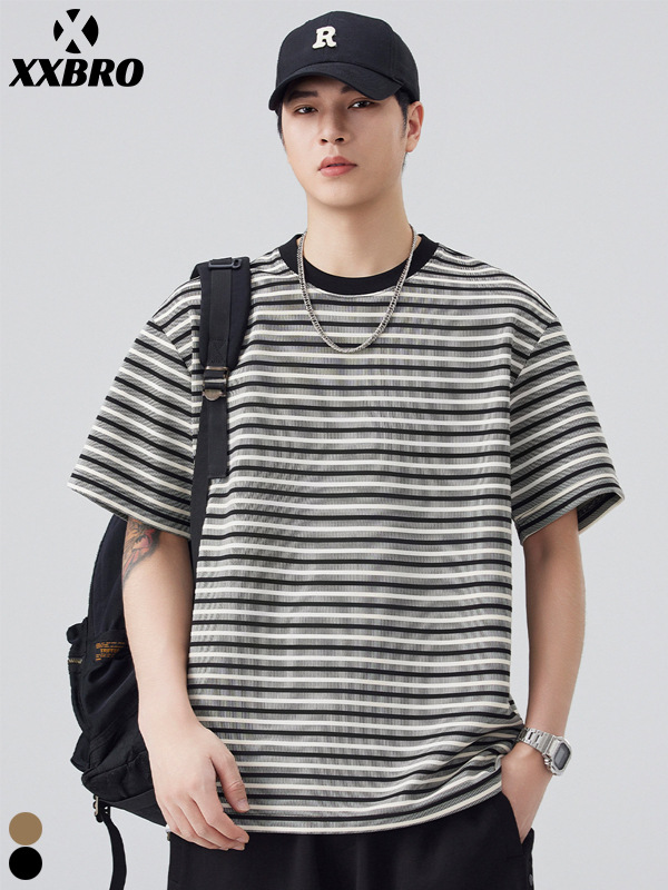Muxi Clothing # Japanese Retro Textured Striped Heavyweight Tank-Style Casual Short-Sleeve Loose Versatile T-Shirt for Men.