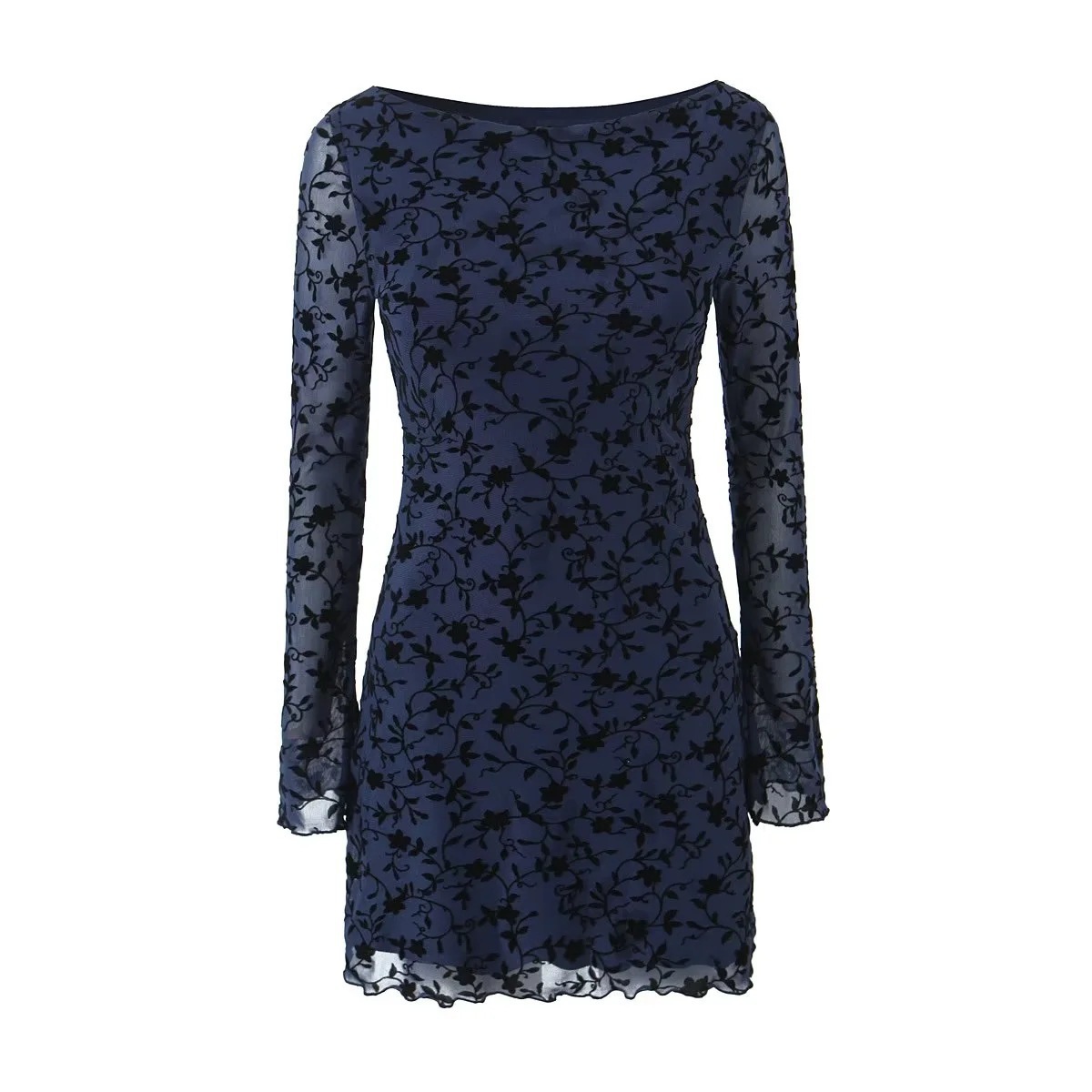 European and American Style Sweet Flocking Pattern Chic Bell Sleeve Mini Skirt Retro Elastic Mesh Sexy Slim Skirt