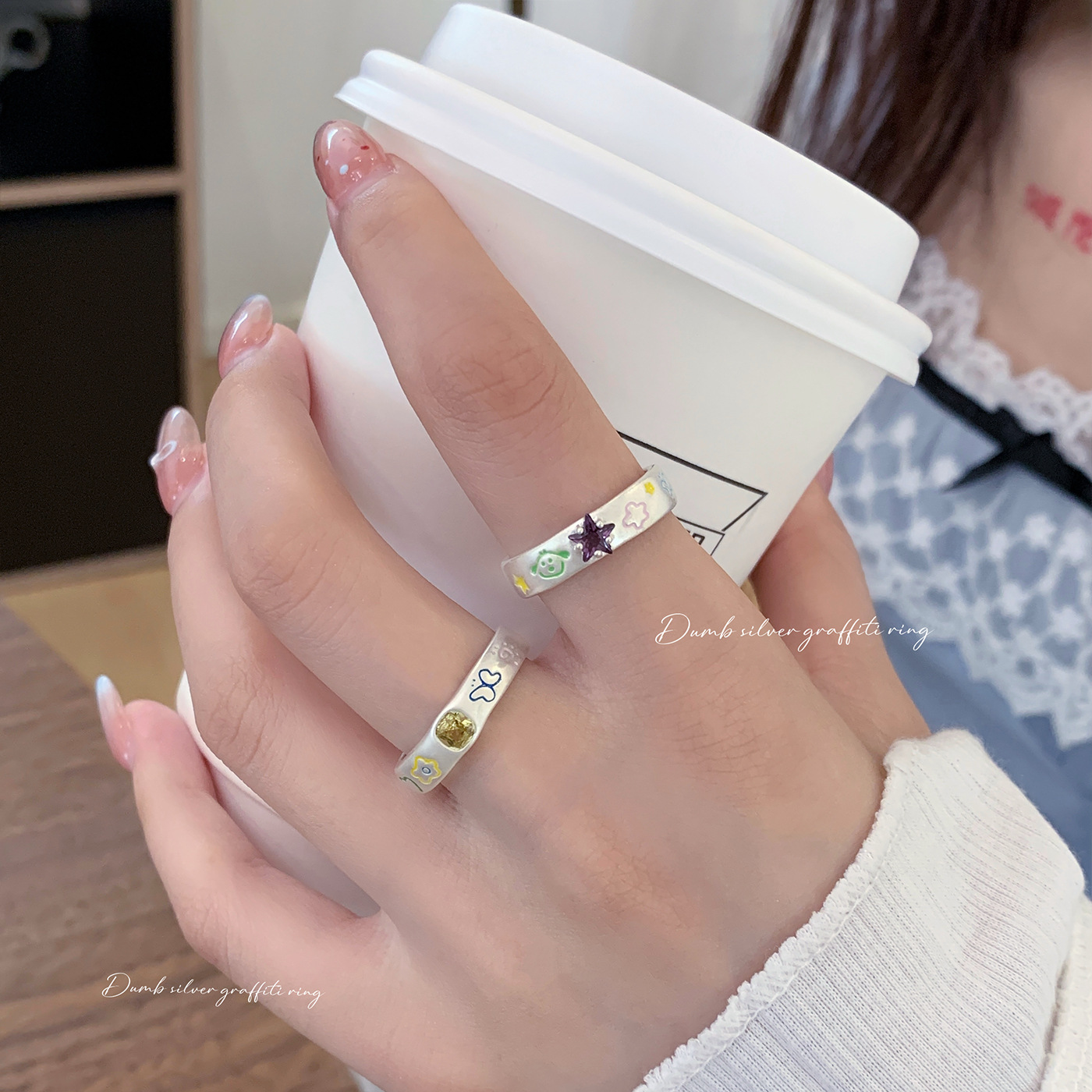 Japanese and Korean Style Sweet Graffiti Flower Butterfly Opening Ring Copper Micro-inlaid Zircon Silver Geometric Fashion Cartoon Bracelet