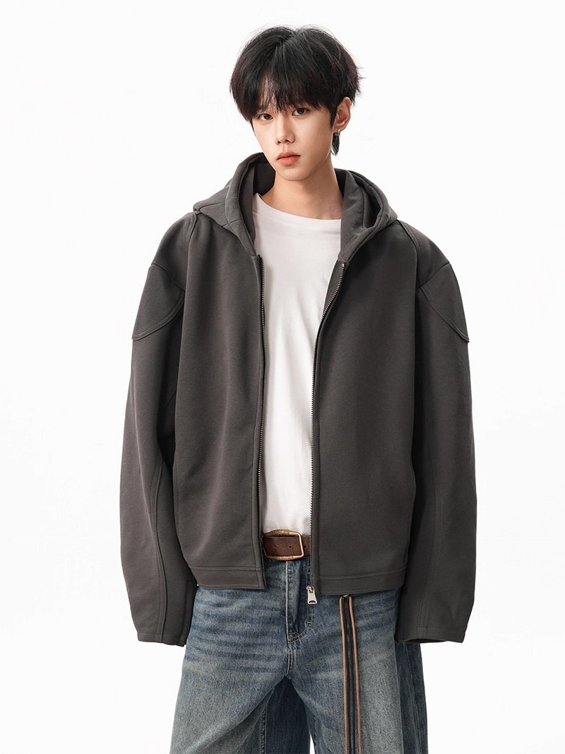 Three-Dimensional Cut Straight-Shoulder Cardigan Sweatshirt Jacket for Men, Heavy-Duty American-Style Short Hooded Motorcycle Jacket for Autumn and Spring