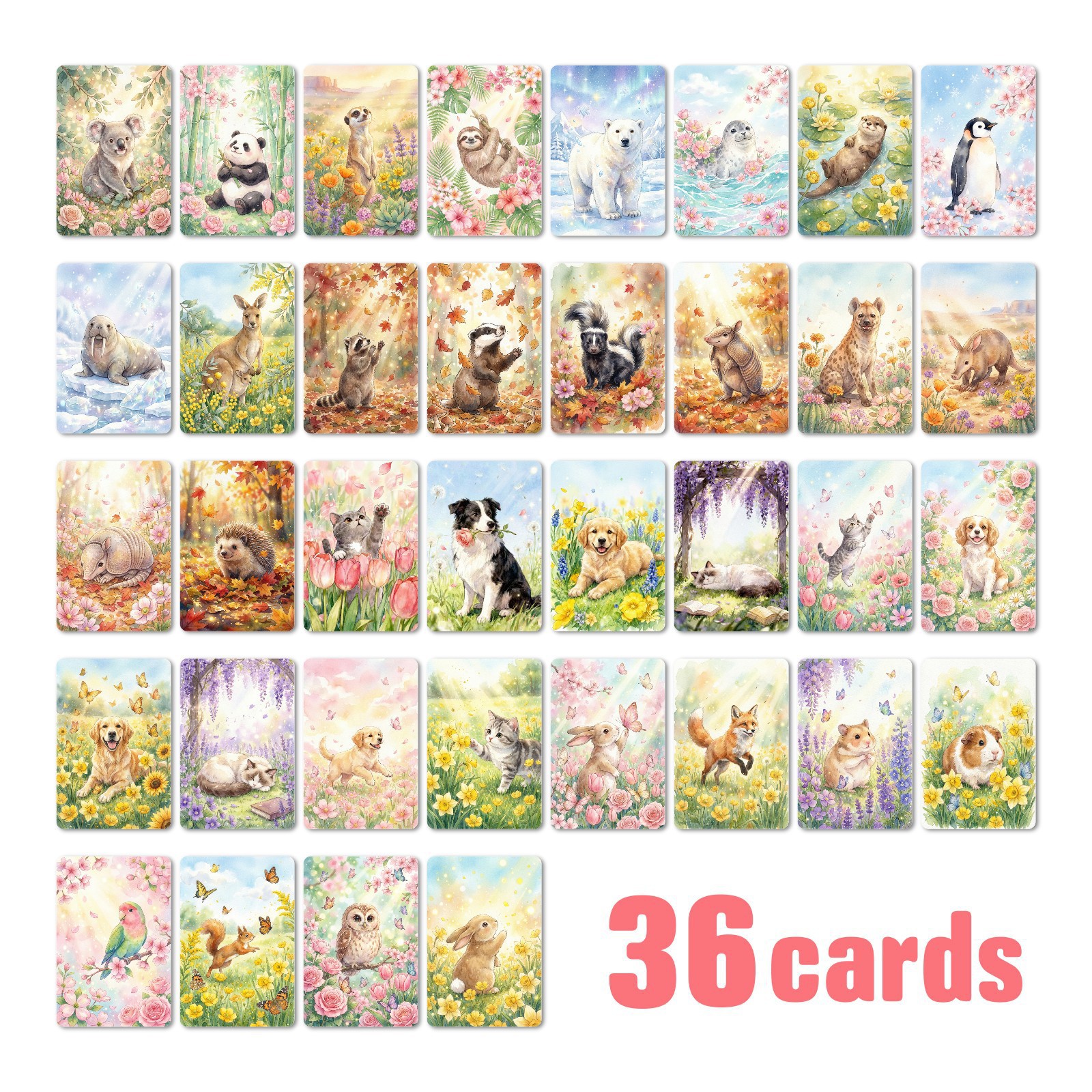 36 Watercolor Animal Illustration Cards, Cross-Border Healing-Style Cute Pet Collection Cards, Children's Enlightenment Cognitive Flash Cards