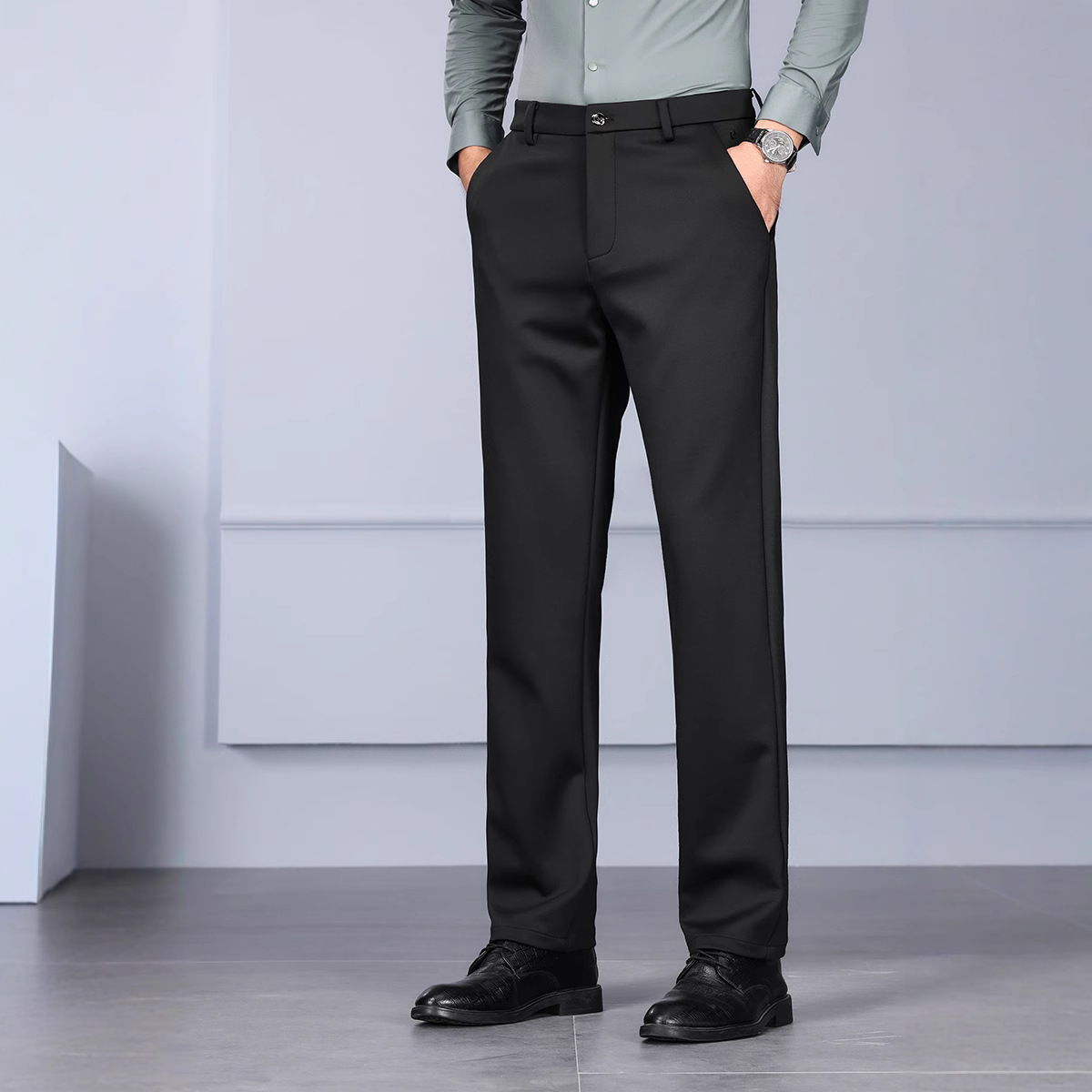 Men's Casual Pants Side Pocket Men's Pants High Elastic Thick Zipper Brocade Straight Pants Ammonia Business Spring and Autumn Mulberry Silk