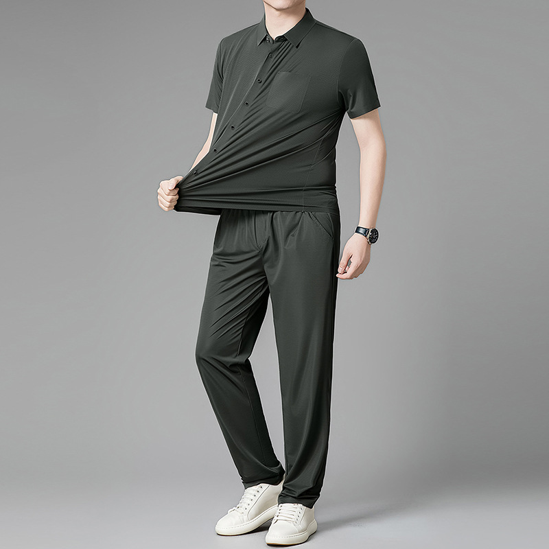 Men's Silk Short-Sleeve T-Shirt and Cardigan Long Pants Set for Middle-Aged Dads, Ice Silk Seamless with Real Pockets, Two-Piece Set