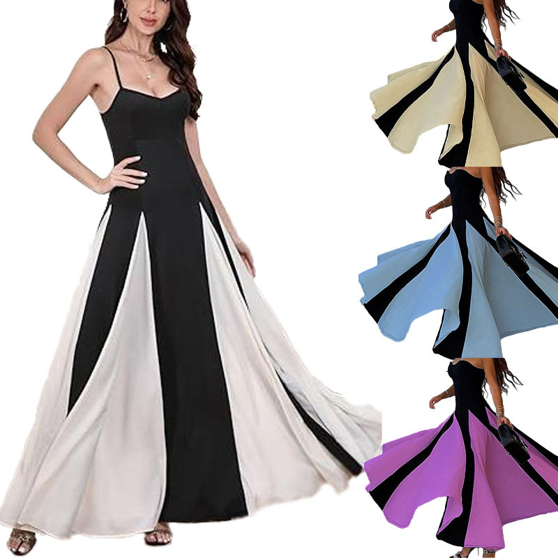 452 European and American French Cross-border Low-cut Suspenders Color-matching Waist Slimming A- word Large Pleated Large Skirt Holiday dress