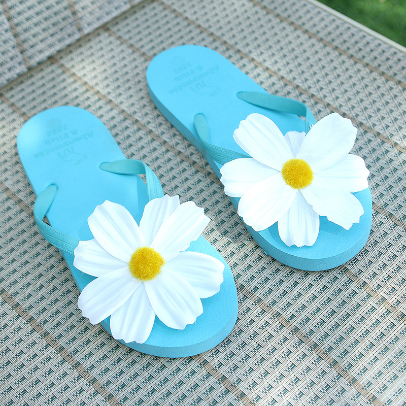 Summer New White Flower Flat Beach Flip-Flops Fresh Clip Sandals Flat Outer Stitching Slippers
