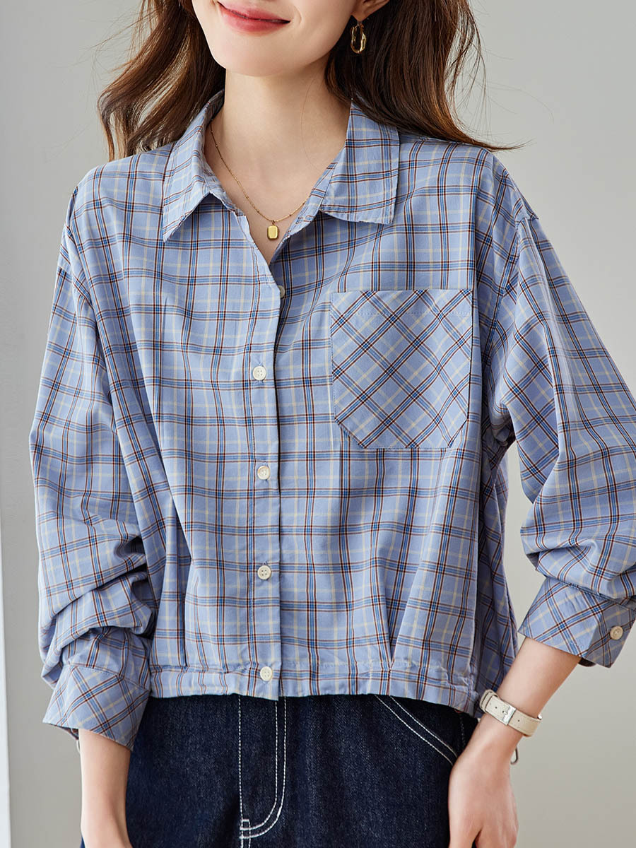 Blue Plaid Shirt for Women, Long-Sleeved, 2026 Spring New Style, Short Version for Petite Figures, Artistic Retro Checkered Casual Shirt