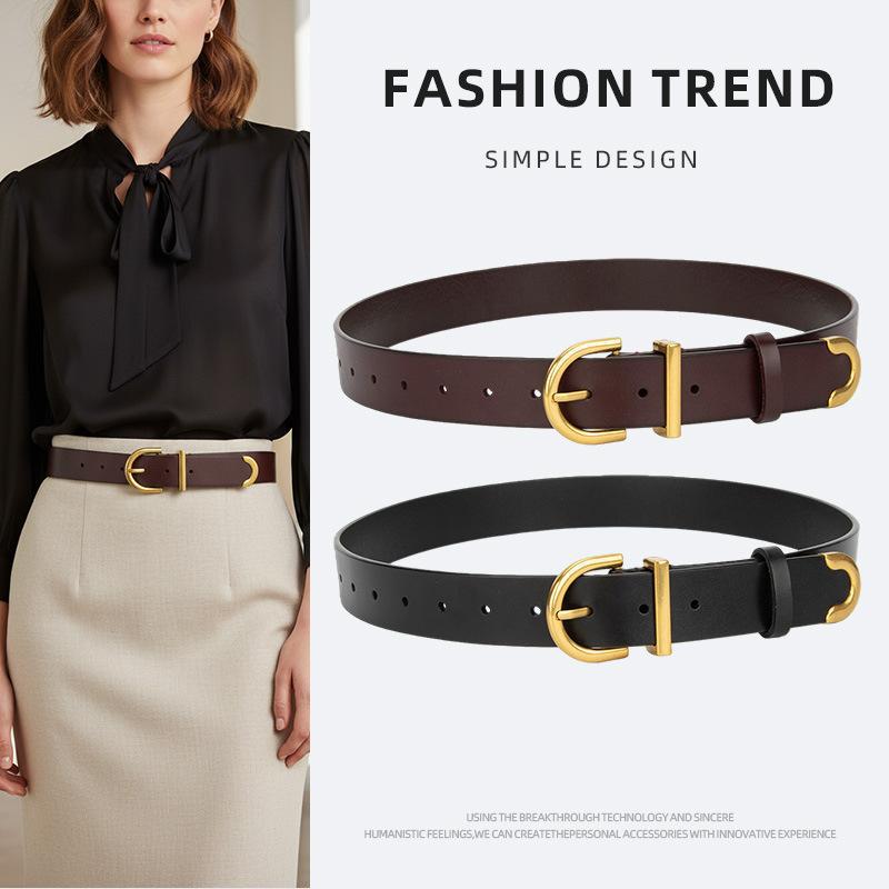 Light Luxury Gold Buckle Leather Belt for Women, Suitable for Work, Suits, and Shirts, Decorative Belt with a Simple and High-End Feel, Versatile Belt in Stock