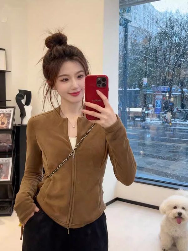 Derong Cardigan Jacket for Women, Autumn and Winter Slim-Fit Double Zipper Top, T-Shirt, Sweatshirt