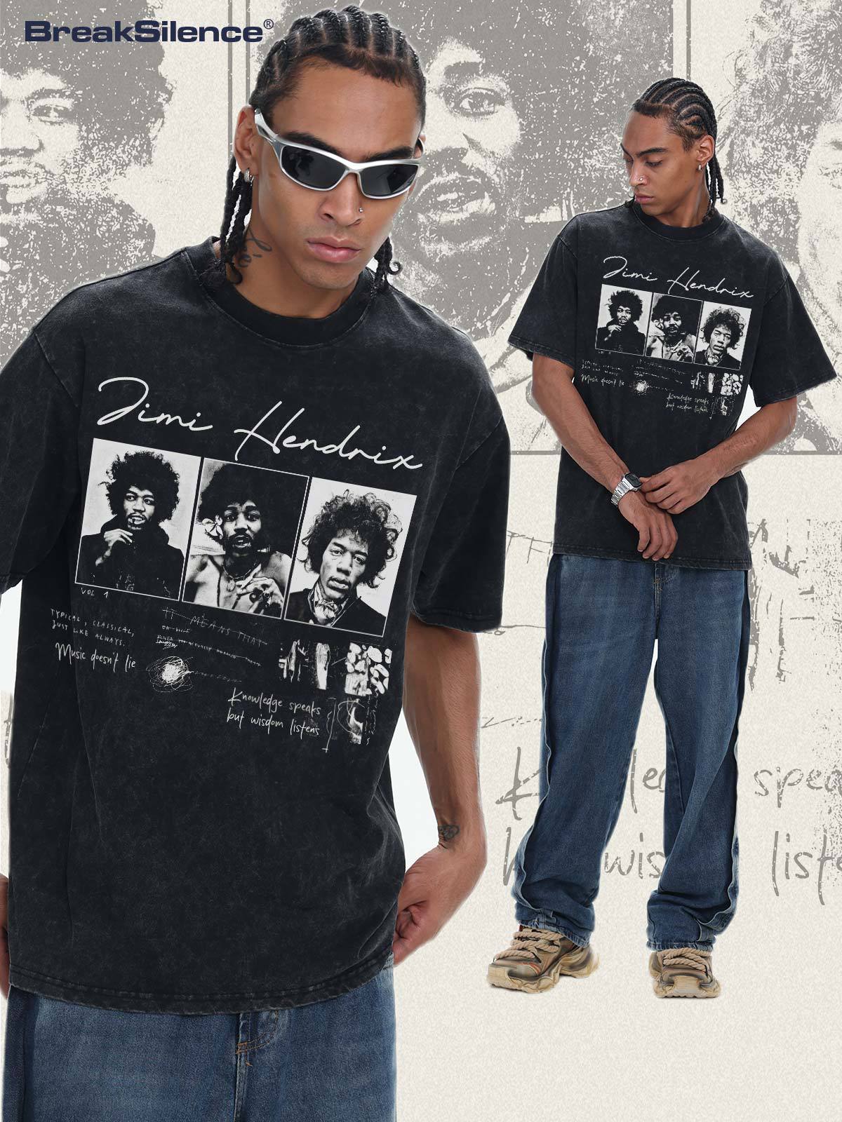 2026 Cross-Border Jimi Hendrix Heavyweight Pure Cotton Short-Sleeve American-Style Loose Round-Neck Digital Direct-Print Men's T-Shirt