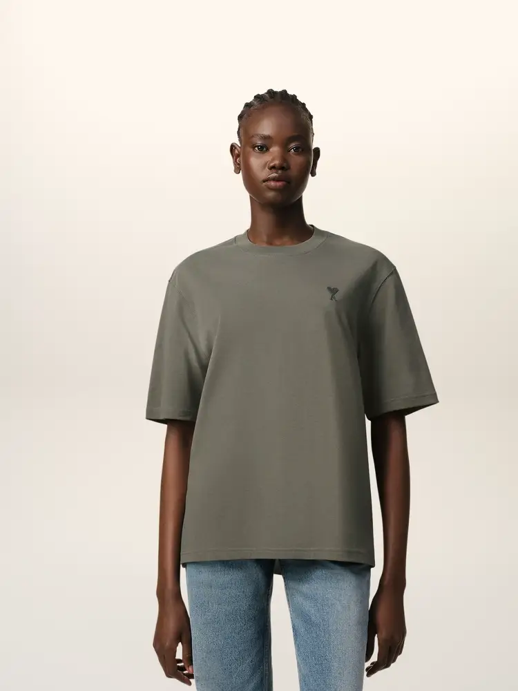 [Spring and Summer New] AMI Men's and Women's Same Color ADC Short-Sleeved T-shirt Embroidery Love Cotton round Neck Tops