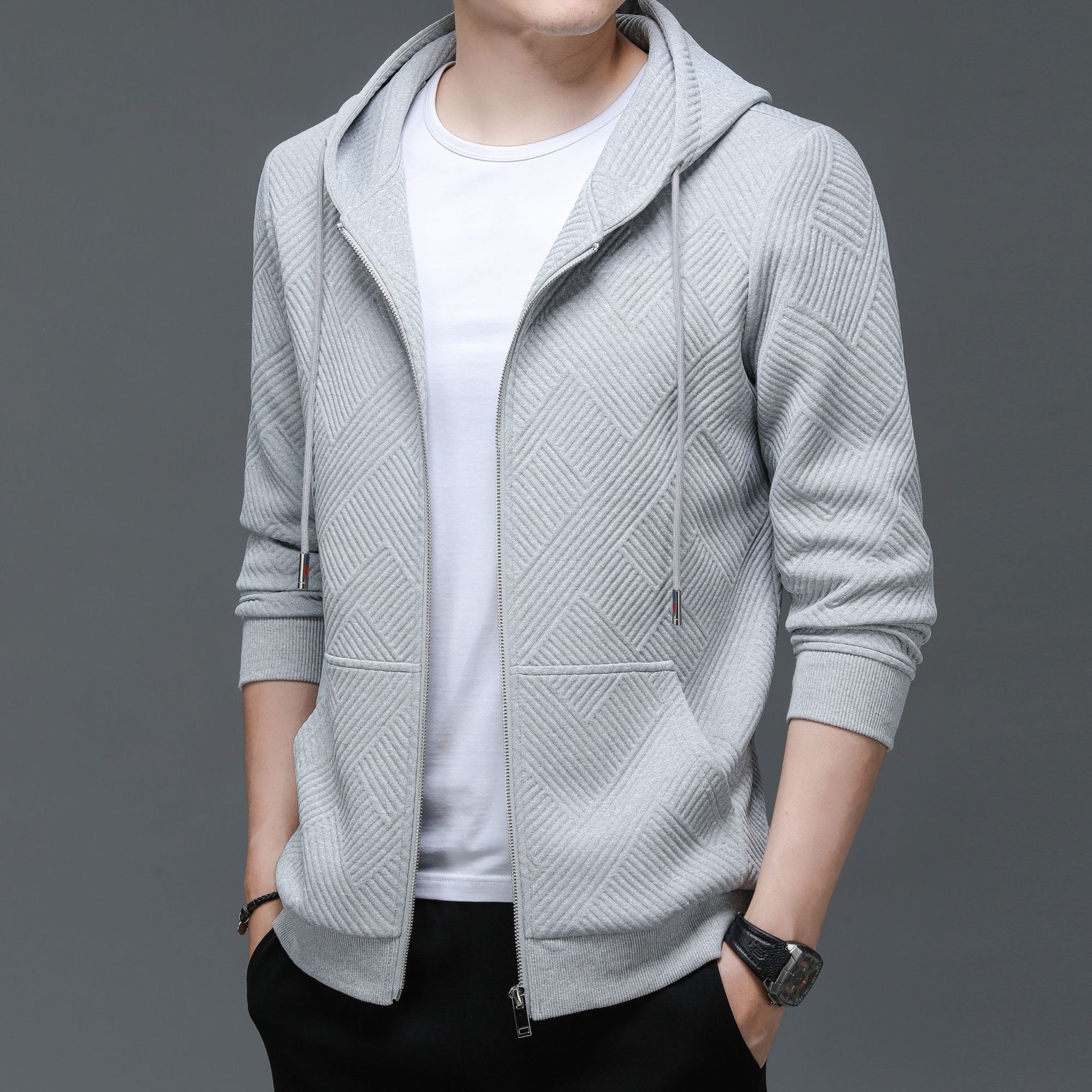 Mantzbo Young and Middle-Aged Men's Sweatshirt Jacket Long-Sleeve Sports Jacket Running Sports Solid Color Casual Jacquard Stripe