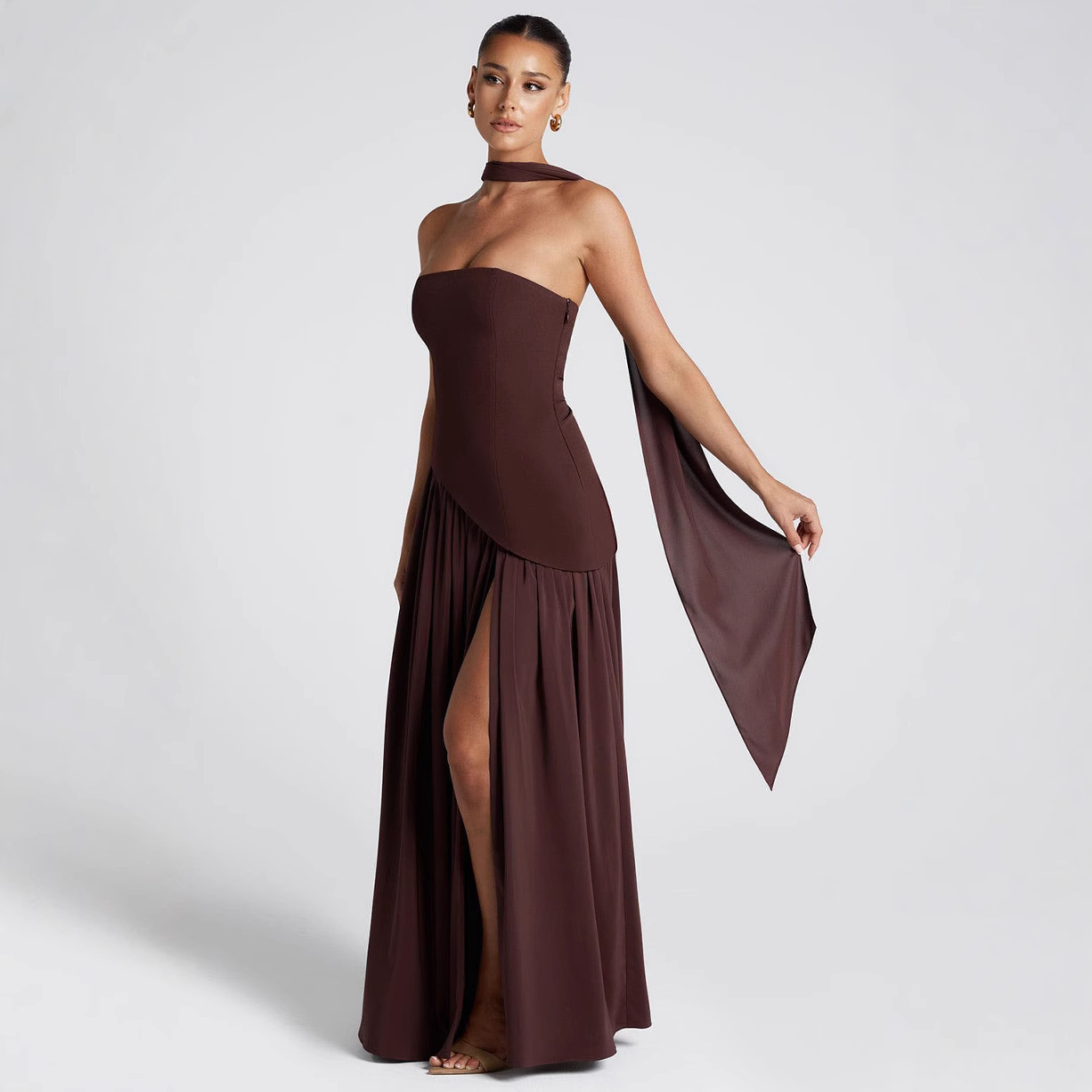 In-Stock European and American Cross-Border 2025 Summer High-End Elegant Dress with Off-The-Shoulder Neckline, Slim Fit, and Patchwork Design