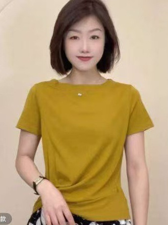 25 Summer T-shirt Short-sleeved Women's Elastic Short-sleeved Pullover Round Neck Side Pleated T-shirt Short-sleeved Skin-friendly Breathable T-shirt