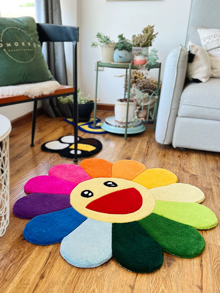 Fashionable Trendy Brand Coffee Flower Handmade Irregular Carpet Tufting Acrylic Thick Washable Living Room Bedroom Decoration in Stock