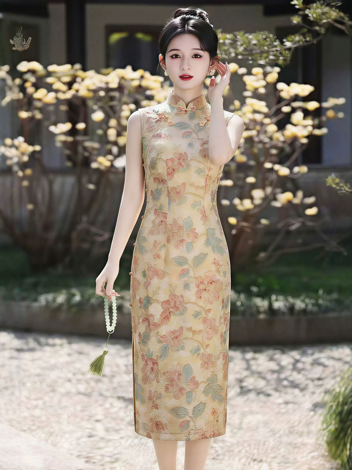 Vintage Sleeveless Yellow Elegant Shimmering Brocade Cheongsam 2026 New Improved Women's Waist-Slimming Summer Dress
