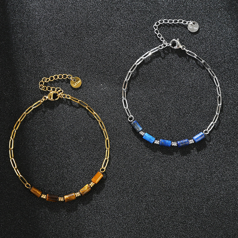 Fashion Jewelry High Quality Waterproof 18K Gold Plated Paper Clip Chain Tiger Eye Lapis Lazuli Stone Beaded Stainless Steel Bracelet