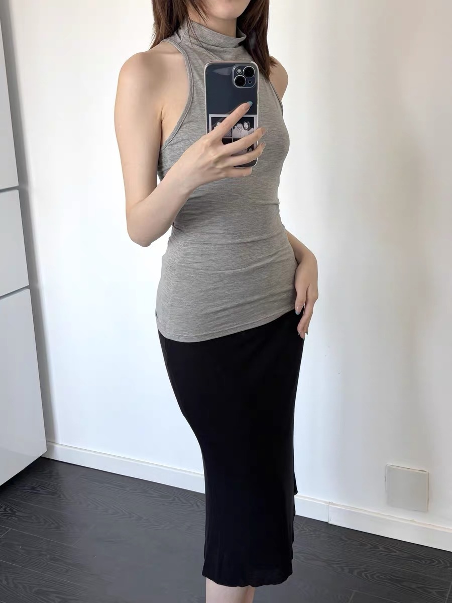 New Slim-fit Slimming Right Angle Shoulder Retro Small High Collar Dig Shoulder Vest Women's Simple Style Pullover Sleeveless Top 5314
