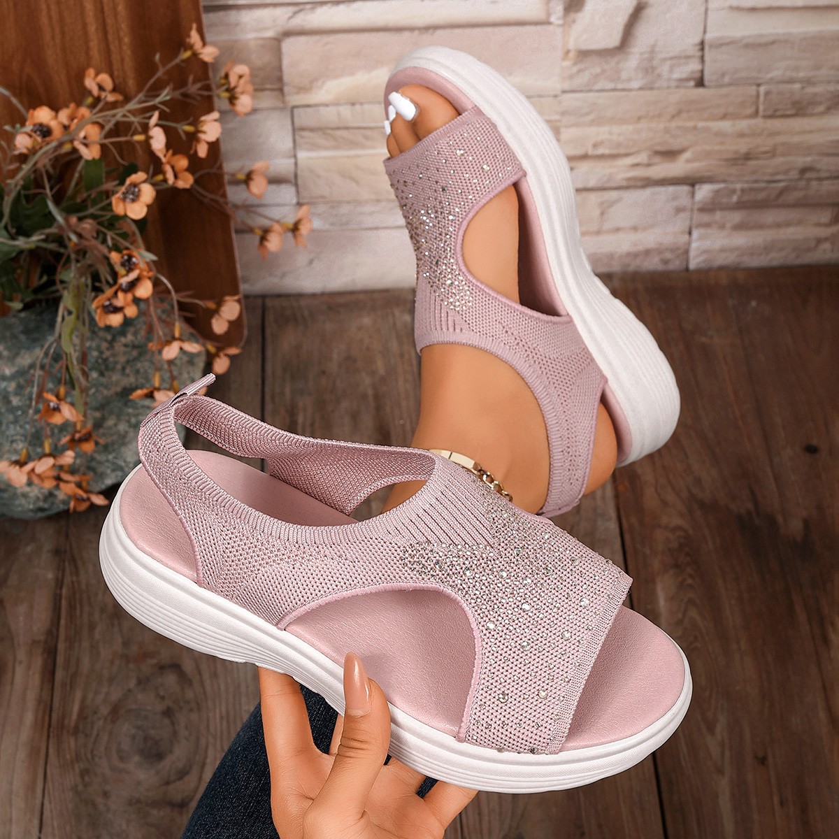 New Lightweight Sandals, Casual Sports, Comfortable Thick-Soled Rhinestone-Stitched Large-Size Women's Shoes, Patchwork Sandals for Women, Versatile