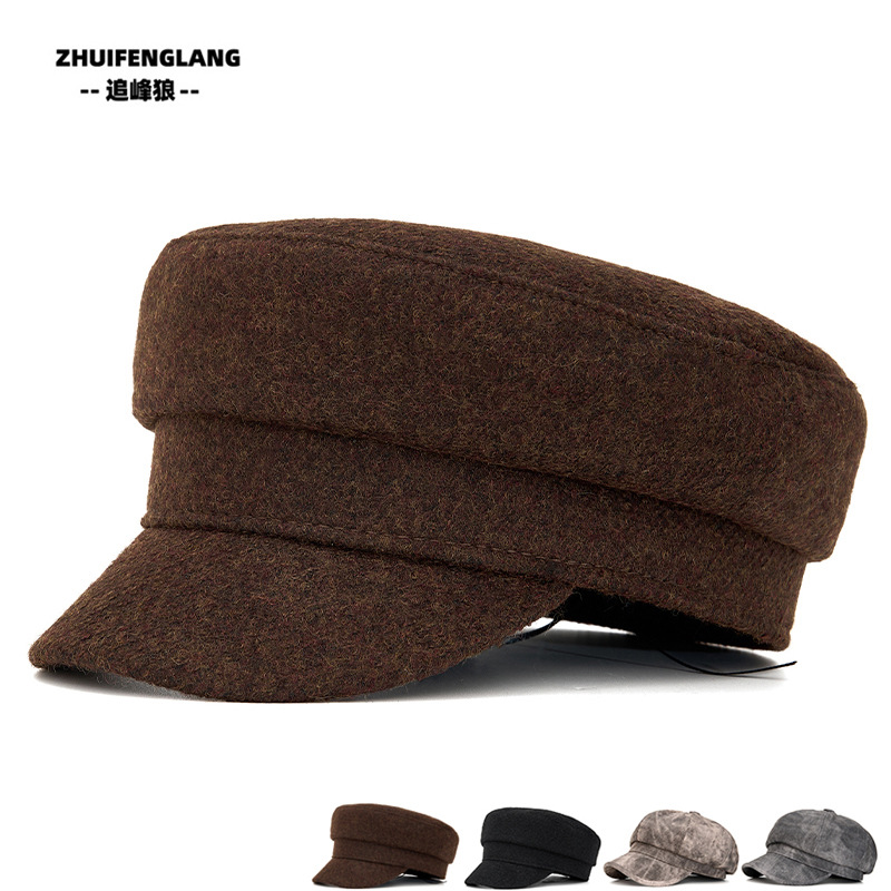 Cashmere Blend Flat-Top Hat for Women, Autumn and Winter Warm Solid Color Simple Octagonal Hat, Artistic Versatile Baseball Cap, Military Cap, Trendy