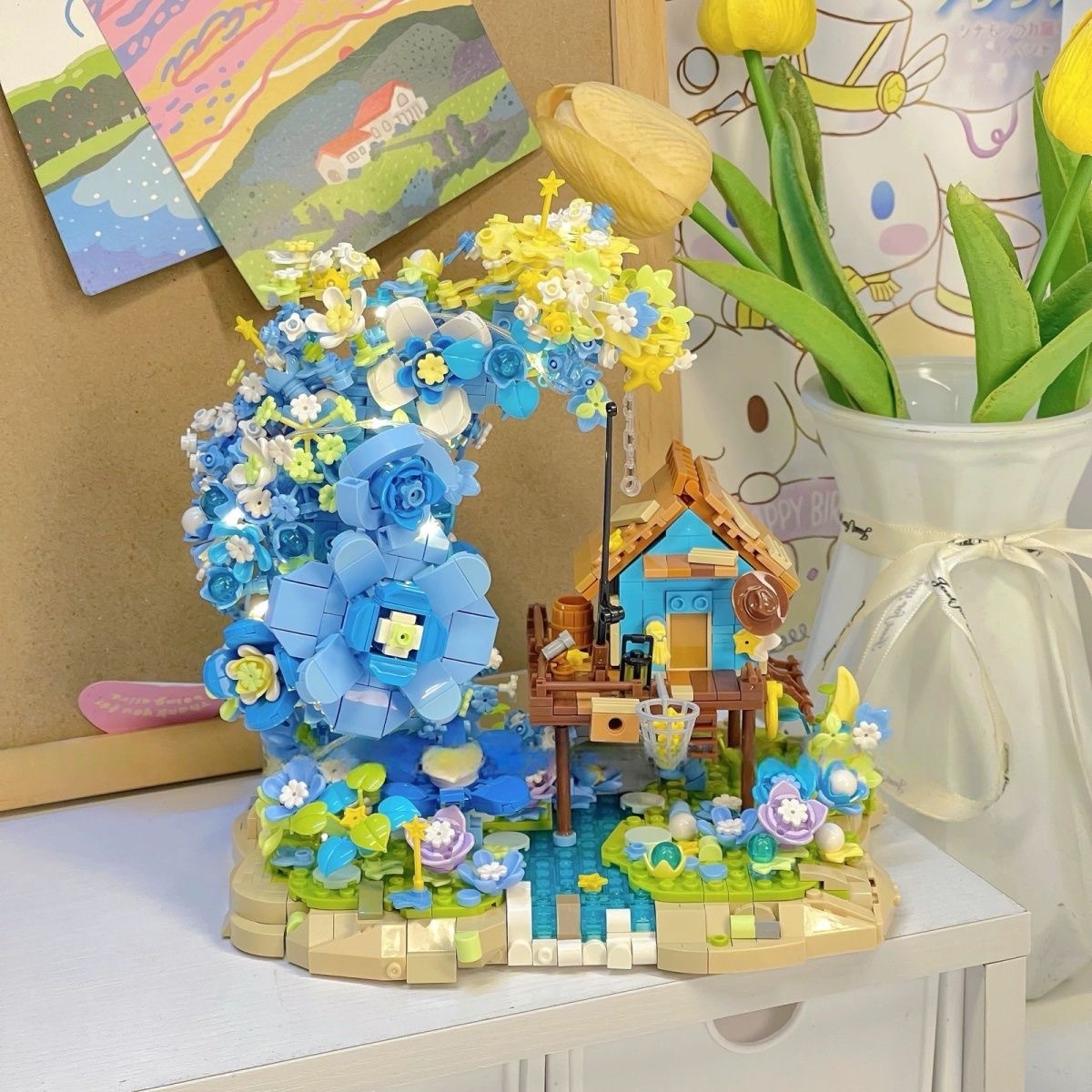 Compatible with Cross-Border Fairy Tale Moon Wooden House Eternal Flower Bouquet Children's Educational Building Block Toys Girl Gift Ornaments