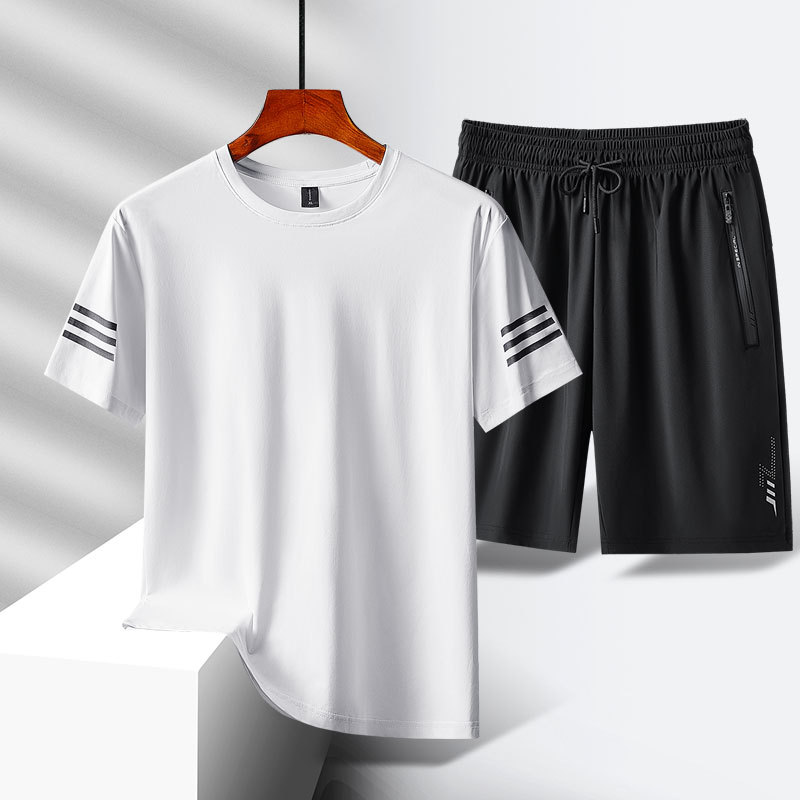 Casual Sports suit Men's Summer Running Plus Size Plus Size Fat Man Summer Clothing Ice Silk Short-sleeved T-shirt Shorts Trendy