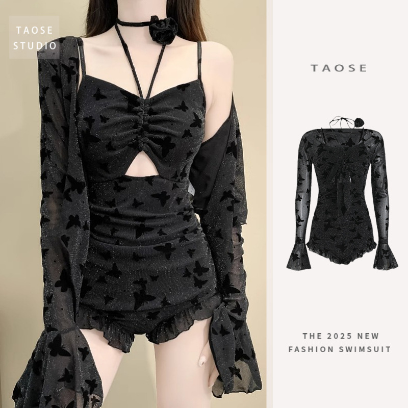 New Black Butterfly Sexy Slim-Fitting One-Piece Long-Sleeved Blouse Slimming Look with Fine Glitter Hot Spring Resort Swimsuit for Women