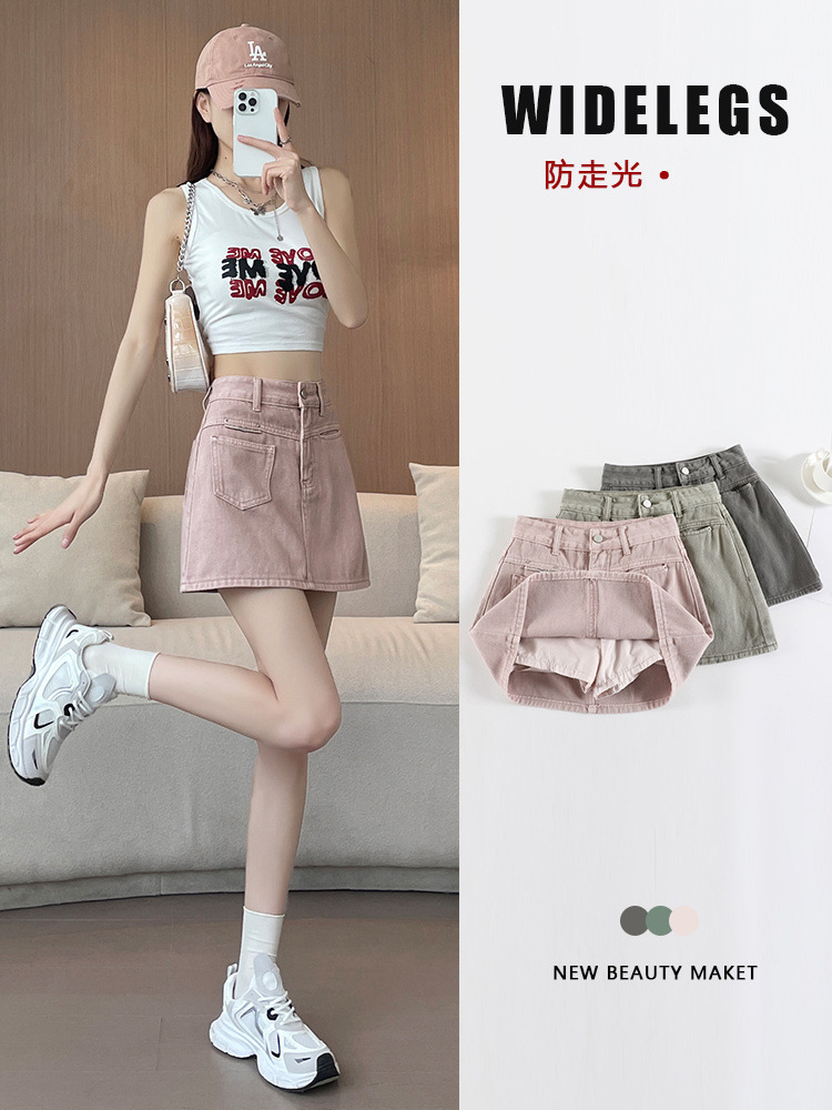 Pink Denim Short Skirt Women's Summer A- shaped Lining Anti-light Slim-fit Slimming Small Short Skirt Trendy